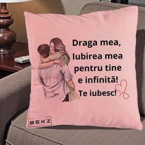 Cadou pentru Iubita - Perna Personalizata Draga Mea Iubirea Mea Infinita Te Iubesc cu Cuplu Acuarela, 40x40 cm, Roz, Husa Detasabila, Perna Inclusa, BEKZ®