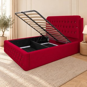 Pat tapițat Chesterfield din catifea Aveline Deluxe 180×200 cm, roșu, cu ladă de depozitare