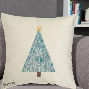 Perna Decorativa Brad de Craciun Acrilic Albastru, 40x40 cm, Ecru, Husa Detasabila, Perna Inclusa, BEKZ®