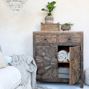Bufet rustic din lemn vechi reciclat, 2 uși cu decor solar sculptat, 2 sertare, 90 cm, „Grimaud"