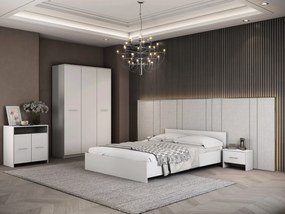 Dormitor Luiza 3U5P, culoare alb, cu pat standard 160 x 200 cm, dulap cu 3 usi, comoda si 2 noptiere