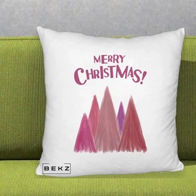 Perna Decorativa Merry Christmas Brazi Roz, 40x40 cm, Alb Pufos, Husa Detasabila, Perna Inclusa, BEKZ®