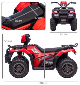 ATV electric pentru copii HOMCOM, max. 4 km/h, de la 3 ani, faruri LED, port de muzică, negru+roșu 88 x 45 x 50 cm | Aosom Romania