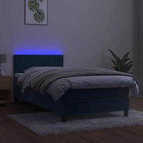 Pat cu arcuri, saltea si LED, bleumarin, 90x200 cm, catifea Albastru inchis, 90 x 200 cm, Design simplu