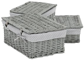 Set de coșuri de răchită cu capac Buline gri,3 buc., 3 dimensiuni, 49 x 22 x 35 cm