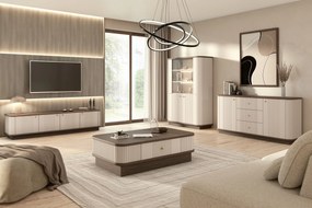 Comodă Vesper 160 cm cu sertare și mânere aurii - culoare cașmir / nuc
