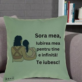 Cadou pentru Sora - Perna Personalizata Sora Mea Te Iubesc Doua Fete Fashioniste Line Art, 40x40 cm, Verde, Husa Detasabila, Perna Inclusa, BEKZ®