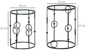 HOMCOM Set de 2 masute de cafea stivuibile din metal si sticla securizata Ø41x57cm si Ø36x51cm, negru | AOSOM RO
