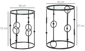 HOMCOM Set de 2 Măsuțe de Cafea Stivuibile din Metal și Sticlă Securizată, Design Modern Ø41x57cm și Ø36x51cm, Negru | Aosom România