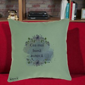 Cadou pentru Bunica - Perna Personalizata Cea Mai Buna Bunica Flori Mov Acuarela Negru, 40x40 cm, Verde, Husa Detasabila, Perna Inclusa, BEKZ®