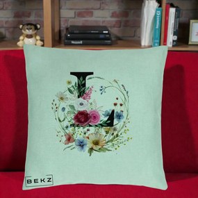 Cadou Personalizat - Perna Personalizata Monogram Litera L cu Flori Acuarela, 40x40 cm, Verde Menta, Husa Detasabila, Perna Inclusa, BEKZ®