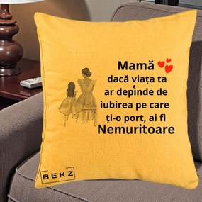 Cadou pentru Mama - Perna Personalizata Mama Nemuritoare Line Art, 40x40 cm, Galben, Husa Detasabila, Perna Inclusa, BEKZ®