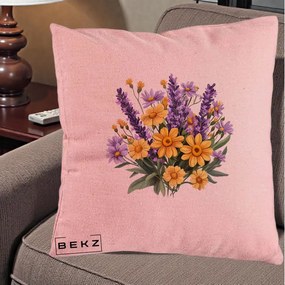 Perna Decorativa Lavanda cu Margarete Galbene si Lila, 40x40 cm, Roz, Husa Detasabila, Perna Inclusa, BEKZ®