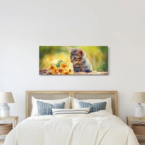 Tablou cu pisicuța uitându-se la floare (120x50 cm)
