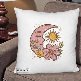 Perna Personalizata Luna si Soare Floral Boho, 40x40 cm, Alb Pufos, Husa Detasabila, Perna Inclusa, BEKZ®