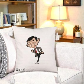 Perna Personalizata Mr. Bean Caricatura, 40x40 cm, Bej cu Franjuri, Husa Detasabila, Perna Inclusa, BEKZ®