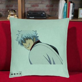 Perna Personalizata Gintama Gintoki Portret cu Zambet, 40x40 cm, Verde Menta, Husa Detasabila, Perna Inclusa, BEKZ®