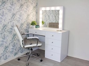 Masuta machiaj cu Oglinda LED si 5 Sertare pentru Cosmetice, Set Masa toaleta 110 cm, Alb, masuta cosmetica, vanity - SEA534