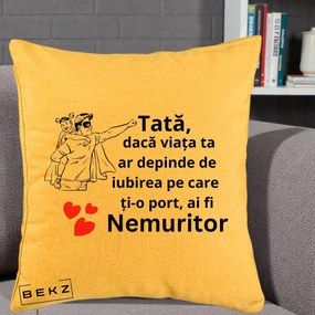 Cadou pentru Tata - Perna Personalizata Tata Nemuritor Supererou cu Masca, 40x40 cm, Galben, Husa Detasabila, Perna Inclusa, BEKZ®