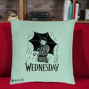 Perna Personalizata Wednesday cu Umbrela Ploaie Lineart, 40x40 cm, Verde Menta, Husa Detasabila, Perna Inclusa, BEKZ®