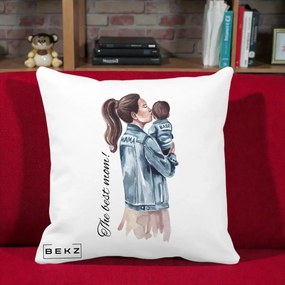 Cadou pentru Mama - Perna Personalizata The Best Mom Jachete, 40x40 cm, Alba Mata, Husa Detasabila, Perna Inclusa, BEKZ®