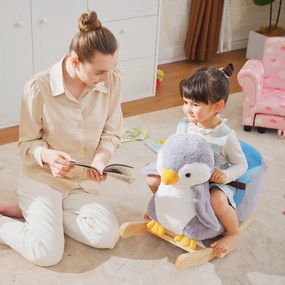 HOMCOM Balansoar Pinguin din Pluș cu Melodii și Centură de Siguranță, Balansoar pentru Copii, 60x33x50 cm, Gri | Aosom Romania