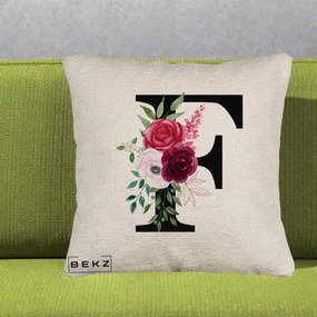 Cadou Personalizat - Perna Personalizata Monograma Florala Litera F, 40x40 cm, Bej Canapea, Husa Detasabila, Perna Inclusa, BEKZ®