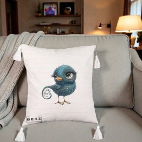 Perna Decorativa Pasare Teal cu Motive Aurii si Coada Spiralata, 40x40 cm, Bej cu Franjuri, Husa Detasabila, Perna Inclusa, BEKZ®