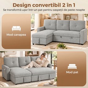 HOMCOM Canapea extensibilă 3 locuri cu șezlong convertibil, spațiu de depozitare, 3 perne, material cu efect de in, gri | Aosom Romania