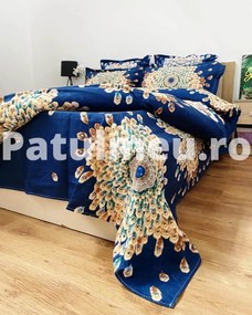 Lenjerie de pat cu 2 fete, imprimeu 3D, bumbac tip finet, pat 2 persoane, 6 piese, albastru, FNJD-10