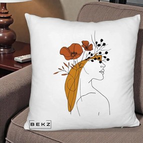 Perna Decorativa Portret Feminin Maci Rosii Auriu, 40x40 cm, Alb Pufos, Husa Detasabila, Perna Inclusa, BEKZ®