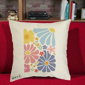 Perna Decorativa Flori Grafice Pastel Multicolor, 40x40 cm, Ecru, Husa Detasabila, Perna Inclusa, BEKZ®
