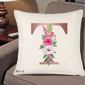 Cadou Personalizat - Perna Personalizata Monograma Rose Gold Litera T, 40x40 cm, Crem Reliefat, Husa Detasabila, Perna Inclusa, BEKZ®