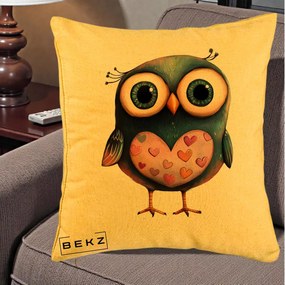 Perna Decorativa Bufnita cu Inimioare Roz, 40x40 cm, Galben, Husa Detasabila, Perna Inclusa, BEKZ®