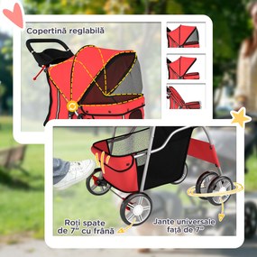 PawHut Cărucior pentru Câini Pliabil cu Benzi Reflectorizante, Roți Rotative, Frâne și Pernuță Lavabilă, Roșu | Aosom Romania