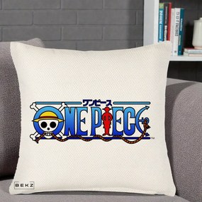Perna Personalizata One Piece Clasic Albastru, 40x40 cm, Crem Reliefat, Husa Detasabila, Perna Inclusa, BEKZ®
