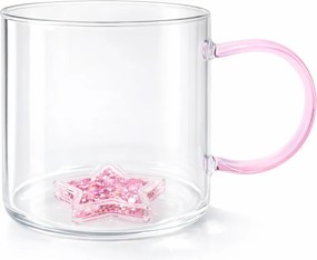 Cană cu model 3D steluță roz, pereți dubli, sticlă borosilicată și inserție de sclipici, 300 ml, Aurora Glow