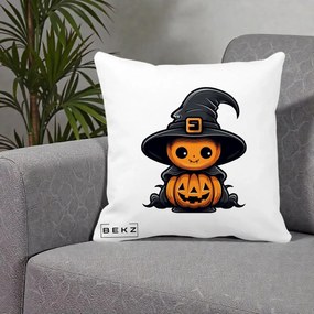 Perna Decorativa Halloween Dovleac Vrajitor Kawaii, 40x40 cm, Alba Mata, Husa Detasabila, Perna Inclusa, BEKZ®