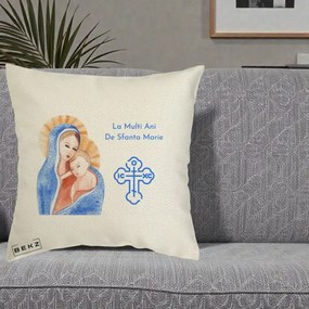 Cadou de Onomastica - Perna Personalizata Sfanta Marie Icoana Acuarela, 40x40 cm, Ecru, Husa Detasabila, Perna Inclusa, BEKZ®
