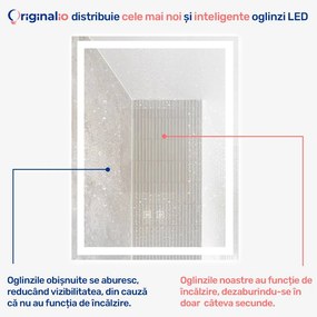 Oglindă LED Dreptunghiulară (45x60 cm), 3 Moduri Iluminare (Lumină Rece, Naturală, Caldă), Intensitate Reglabilă, Funcție Dezaburire, Control Tactil (Touch)