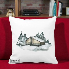 Perna Decorativa Cabana de Iarna in Padure, 40x40 cm, Alba Mata, Husa Detasabila, Perna Inclusa, BEKZ®
