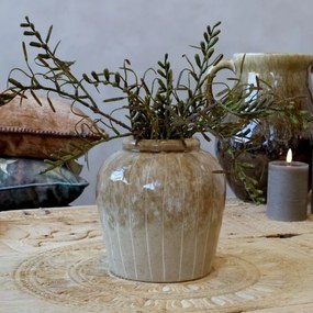 Vază decorativă din ceramică artizanală glazurată natur, lucrată manual, cu dungi, 19x18 cm, „Rayure"