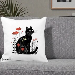 Perna Decorativa Pisica Neagra Flori Rosii Folk, 40x40 cm, Alba Mata, Husa Detasabila, Perna Inclusa, BEKZ®