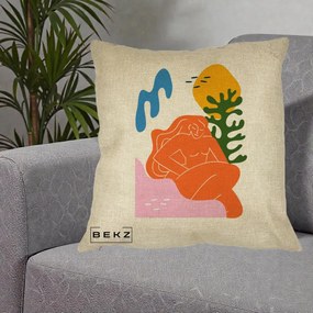 Perna Decorativa Femeie Portocalie Relaxata, 40x40 cm, Crem, Husa Detasabila, Perna Inclusa, BEKZ®