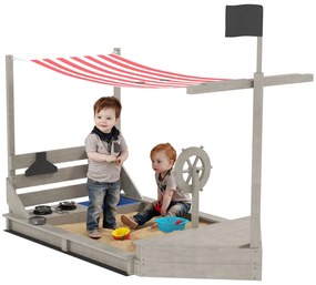 Outsunny Cutie de nisip cu parasolar Vapor pirat, inclusiv set de joc de bucătărie pentru copii, Lemn masiv, 180 x 103 x 144,5 cm, Gri | Aosom Romania