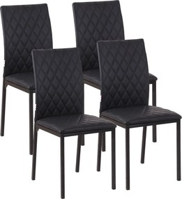 HOMCOM Set de 4 Scaune din Piele Ecologică cu Cusături Romboidale și Picioare din Oțel, 41x50x91 cm, Negru | Aosom Romania