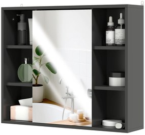 HOMCOM Mobilier baie cu oglindă, dulap cu uși și 6 compartimente deschise, 60 x 14,5 x 49,4 cm, negru | Aosom Romania