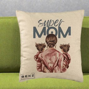 Cadou pentru Mama - Perna Personalizata Super Mom of Girls Mama cu Gemene, 40x40 cm, Bej, Husa Detasabila, Perna Inclusa, BEKZ®