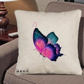 Perna Decorativa Fluture Neon, 40x40 cm, Bej Canapea, Husa Detasabila, Perna Inclusa, BEKZ®