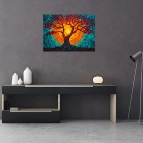 Tablou pe sticlă - Arborele vieții și soarele în mozaic (70x50 cm)